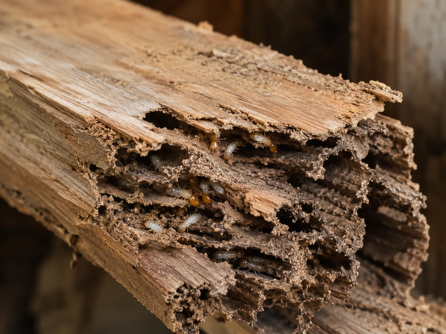 Dégâts causés par les termites sur une structure bois