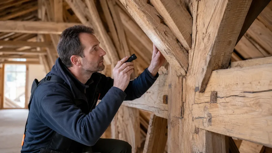 Inspection visuelle d’une charpente bois par un professionnel