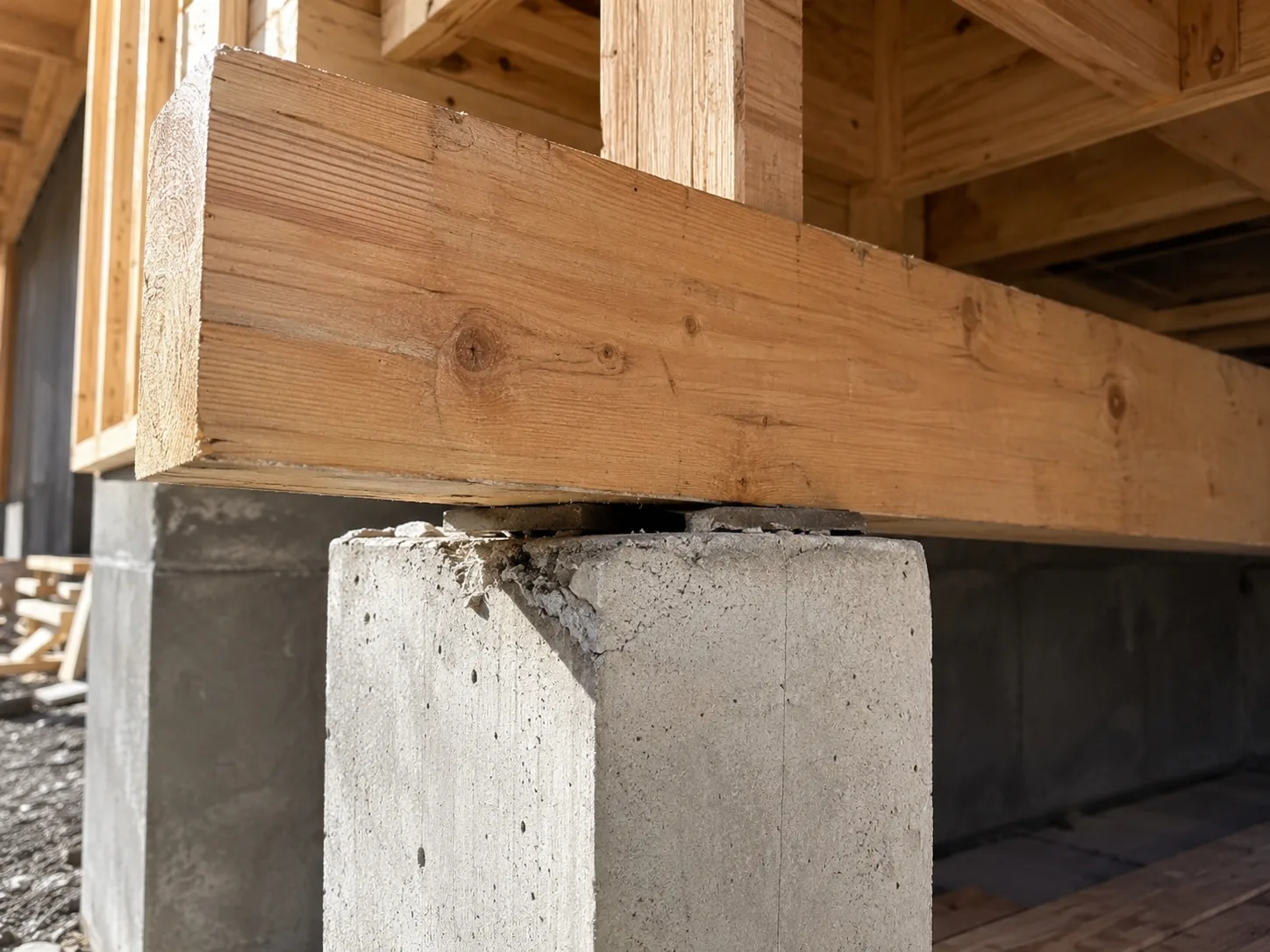 Appui insuffisant ou mal réalisé d’une poutre bois sur un support en béton