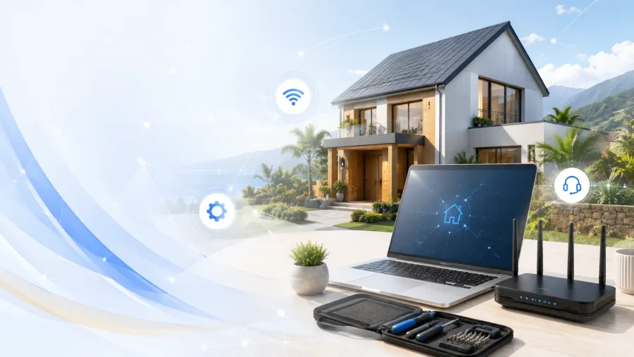 Ordinateur Dev’Solutions devant une maison moderne, illustrant les services techniques et numériques à domicile