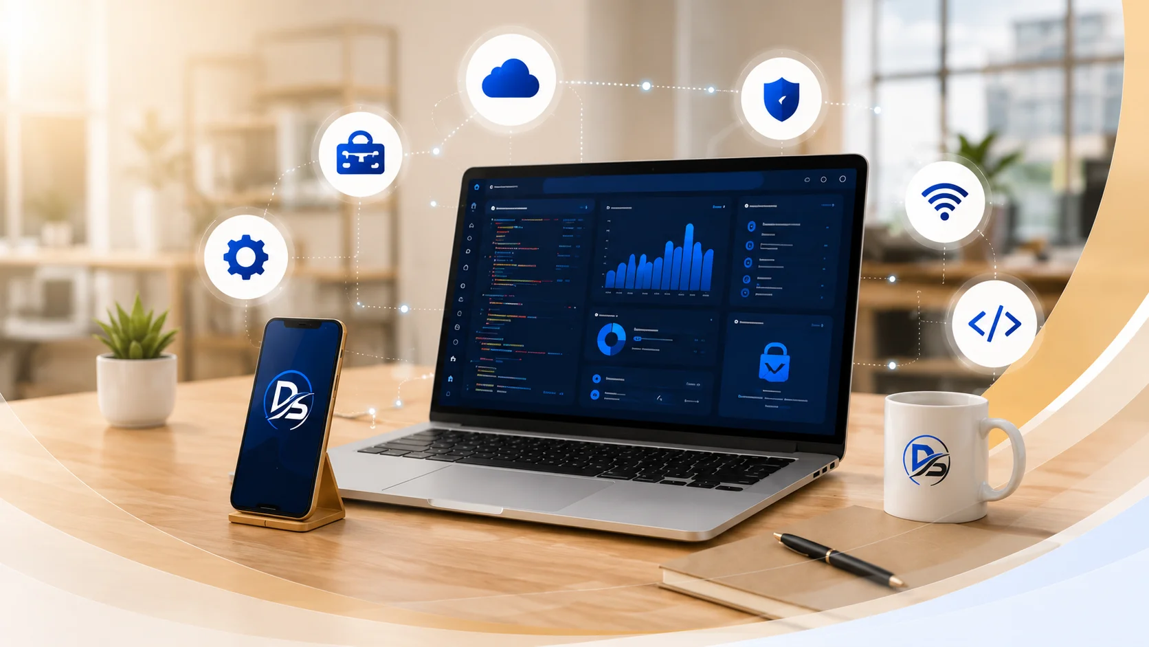 Ordinateur Dev’Solutions avec tableau de bord, smartphone et services numériques connectés